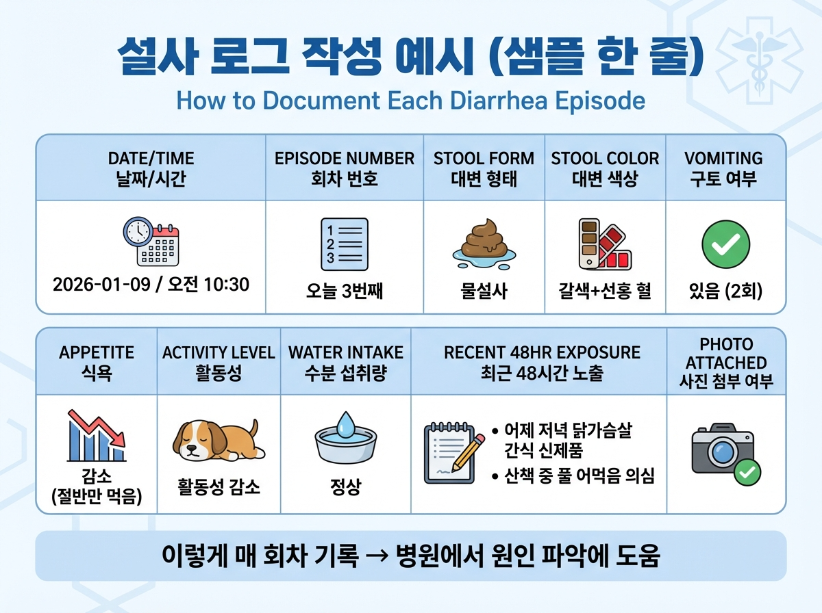 강아지 설사 로그 작성 예시(시간, 변 색, 구토 동반, 식욕, 노출 기록)