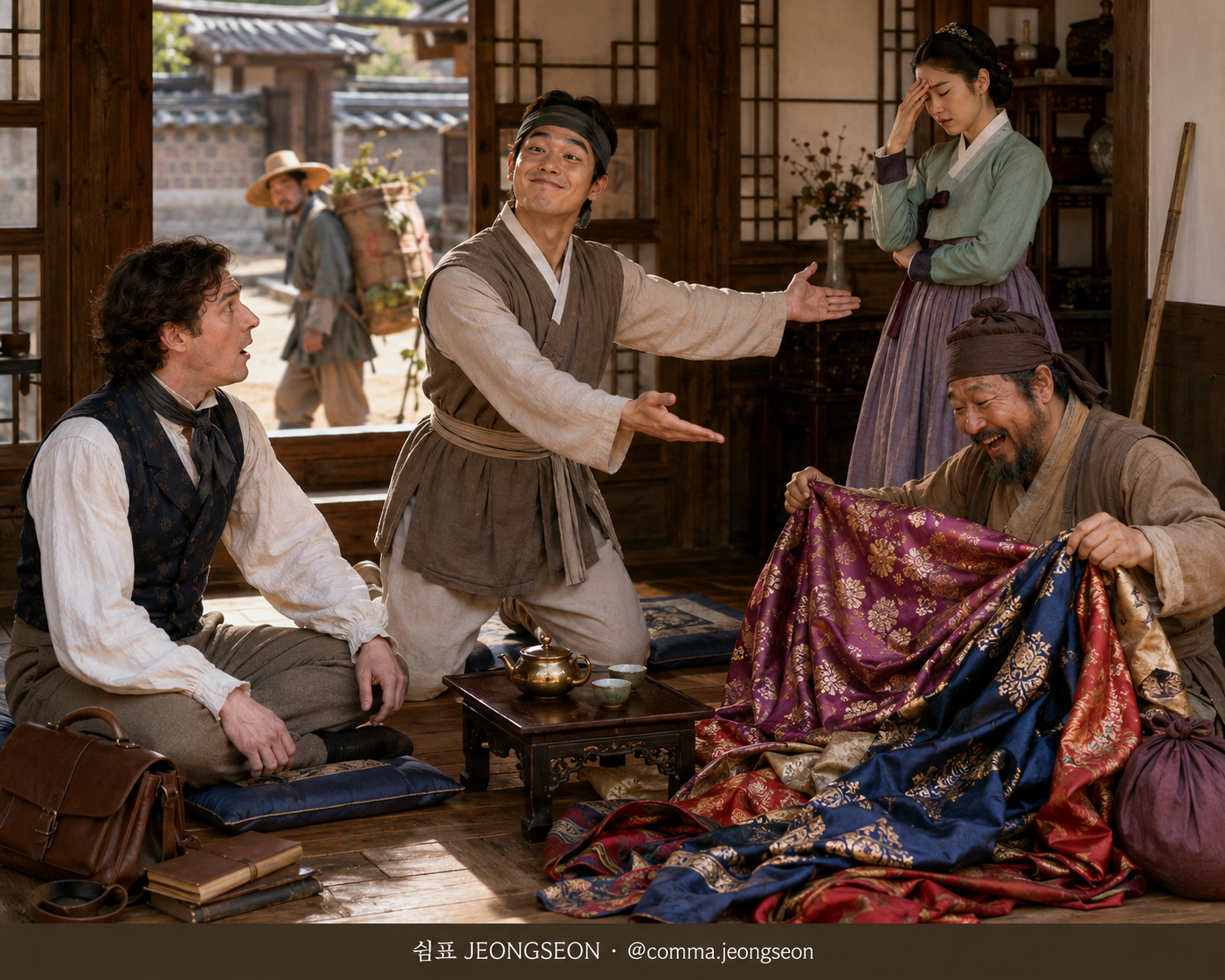 한옥 대청마루에서 윤겸이 지나가던 비단 장사꾼을 손님으로 불러들여 뿌듯해하고, 비단 장사꾼이 보따리를 펼치는 동안 마님과 외국인 영어 선생이 당황한 표정으로 바라보는 장면
