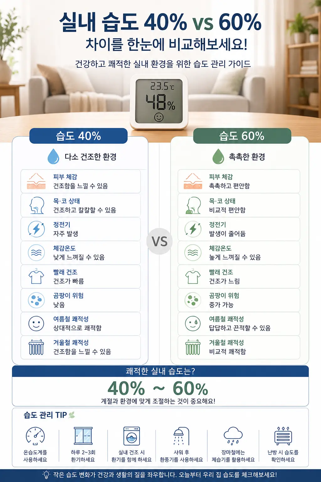 실내 습도 40퍼센트와 60퍼센트 차이를 비교한 인포그래픽