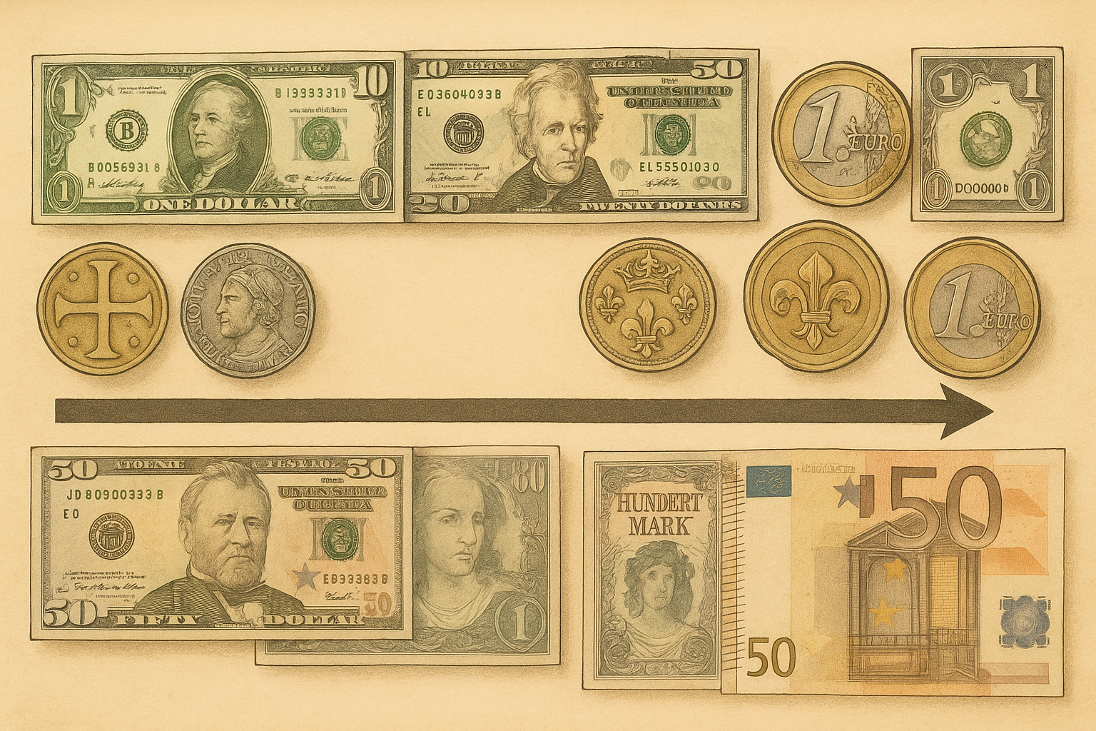미국 달러 vs 유럽 통화의 역사 관련 그림