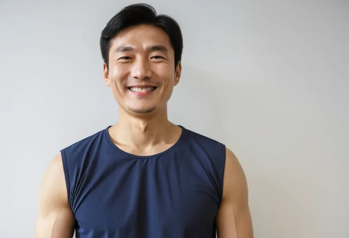 dna주사 시술 후 어깨를 돌리며 웃고 있는 모습