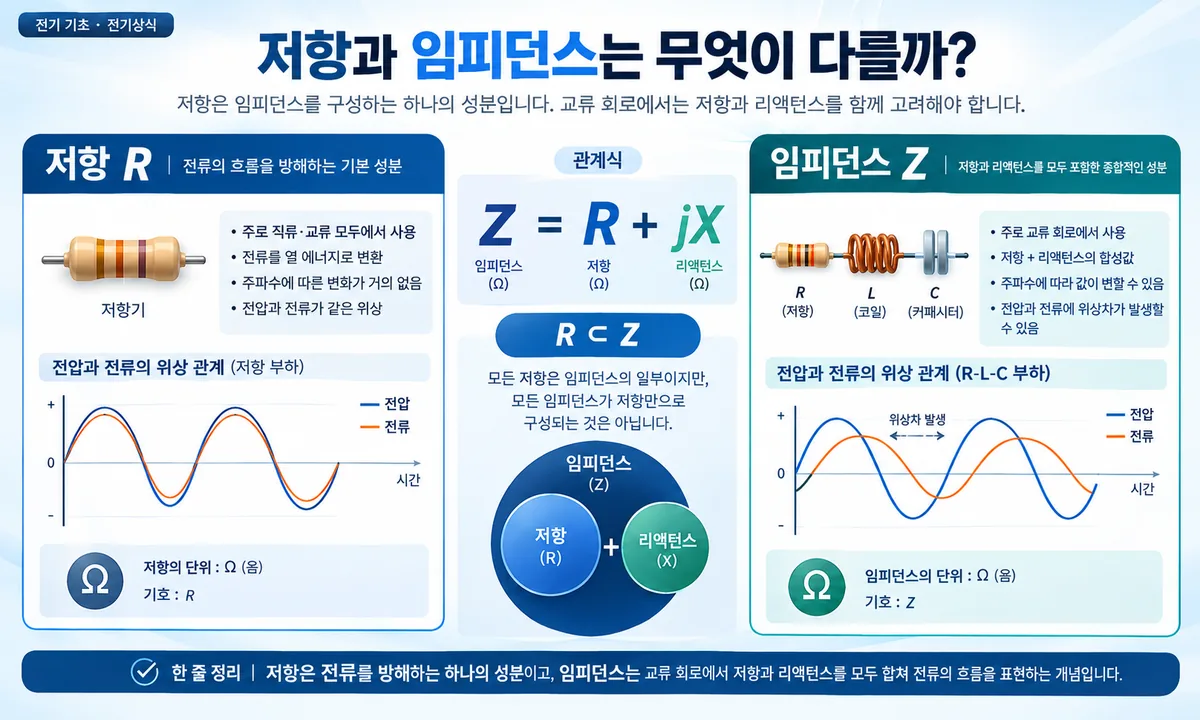 저항과 임피던스의 구성 요소와 교류 회로 특성을 비교한 인포그래픽