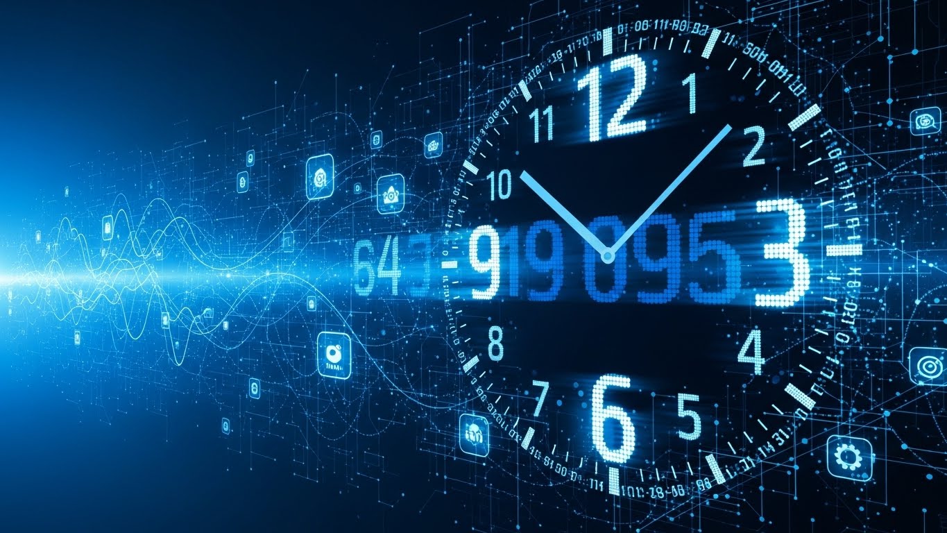 실시간으로 빠르게 변하는 디지털 시계와 데이터를 상징하는 추상적인 이미지. SRT 취소표가 풀리는 중요한 시간을 나타냅니다.