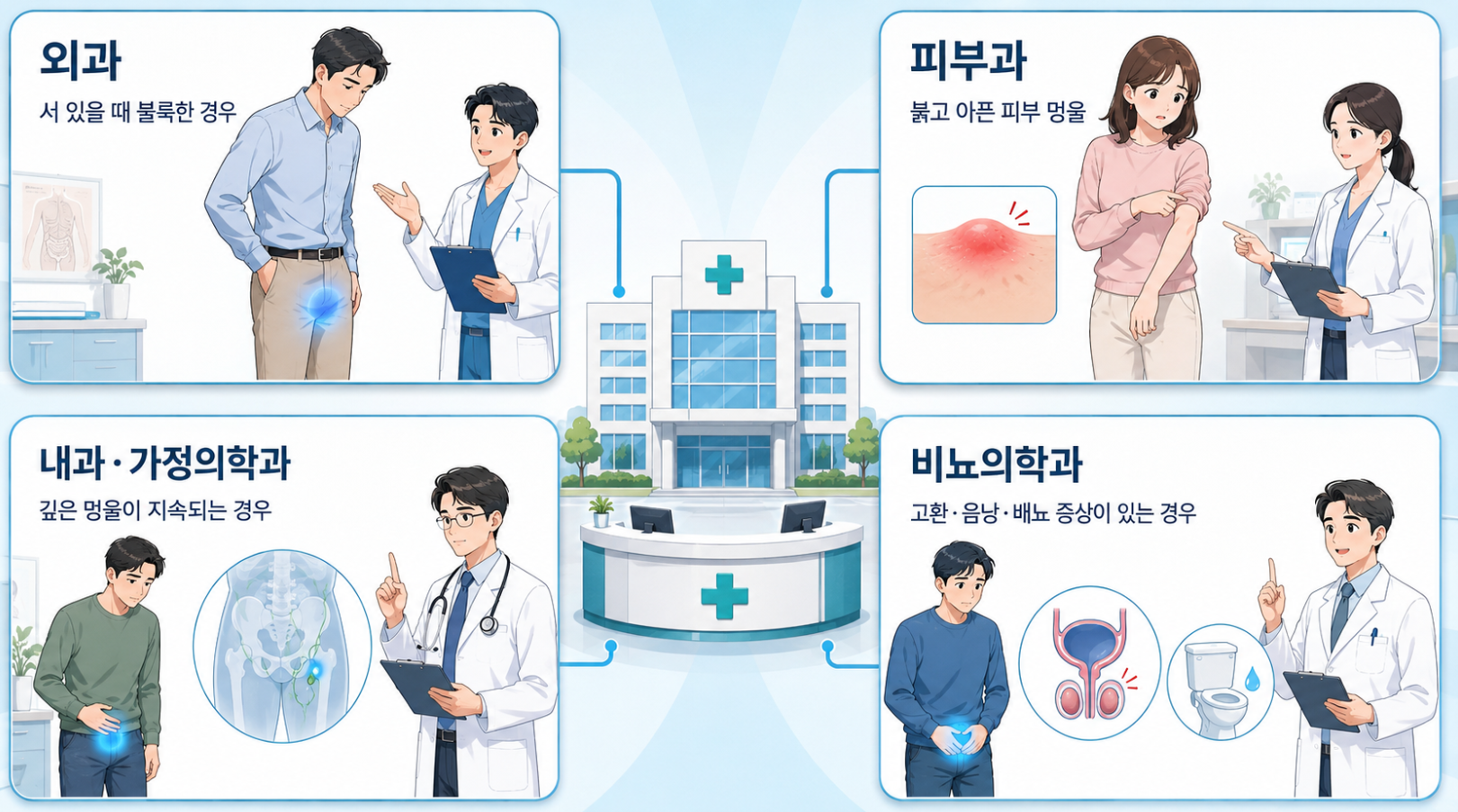 사타구니 멍울 양상에 따른 외과&middot;피부과&middot;내과&middot;가정의학과&middot;비뇨의학과 진료과 선택 안내
