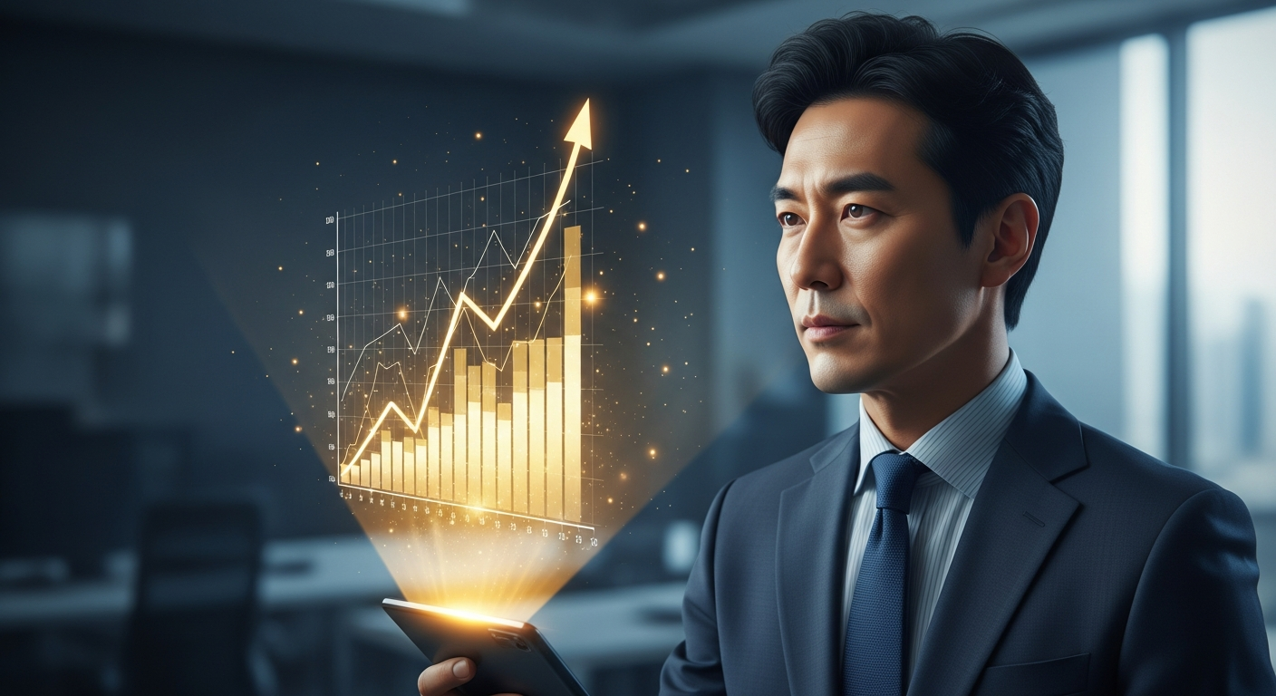 자신감 넘치는 동안의 중년 한국 남성(검은 머리, 흰머리 없음)이 세련된 정장을 입고 공중에 떠 있는 3D 홀로그램 금융 차트를 바라보고 있다. 차트는 황금빛으로 가파른 상승세를 보여준다. 배경은 흐릿한 최첨단 사무실 환경이다. 손에 든 기기의 화면은 꺼져 있고(검은색), 홀로그램이 위로 투사되고 있다.