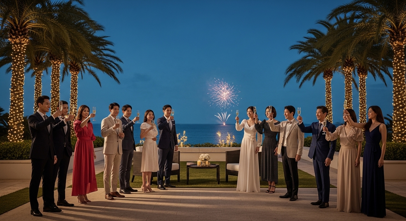 제주 중문 리조트에서 열리는 낭만적인 새해 카운트다운 파티와 즐거운 사람들