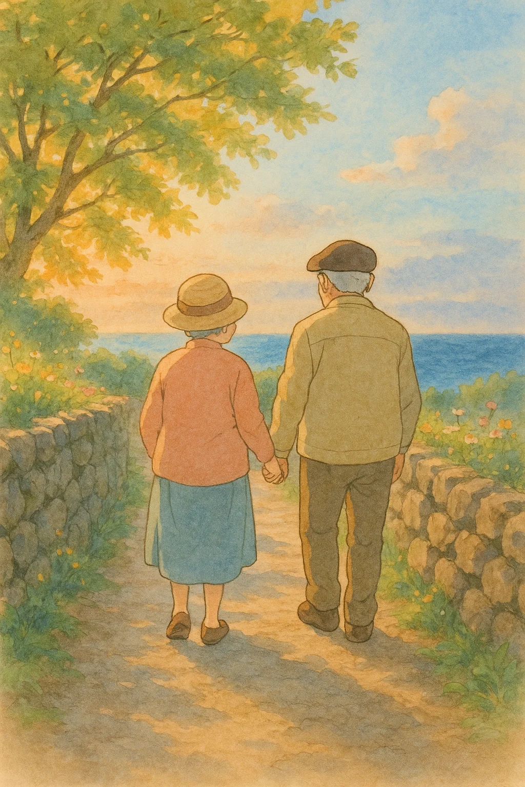 제미나이 무료 이미지 생성, 지브리 스타일 아트워크 도전기, 지브리 스타일로 표현한 제주도의 돌담길을 따라 걷는 노부부의 뒷모습