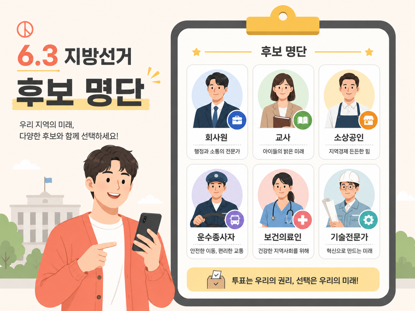 6.3 지방선거 소중한 한 표를 행사하는 유권자들과 이색 후보자 명단 요약 인포그래픽