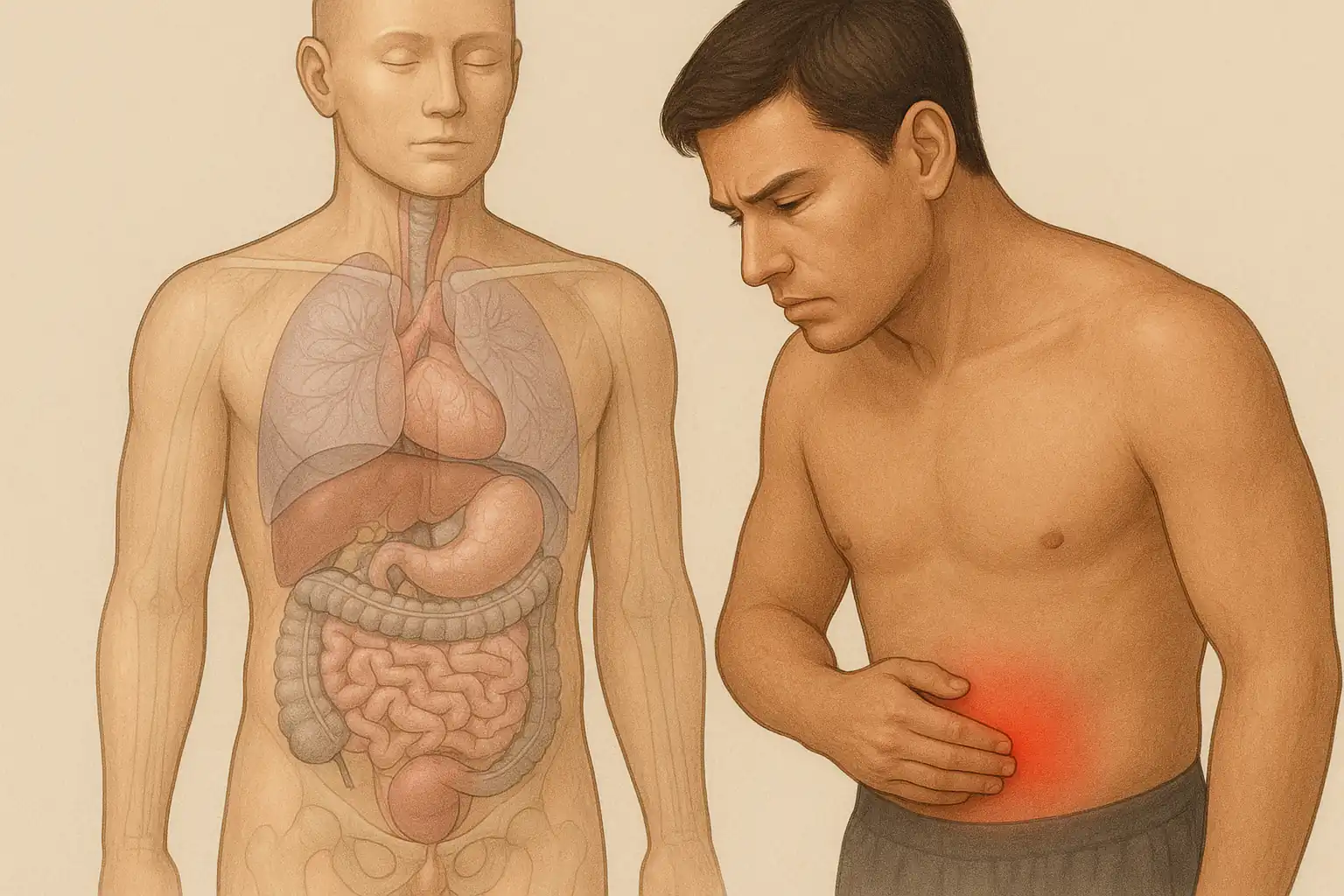 오른쪽 아랫배 부위에 붉은 하이라이트가 표시된 인체 모형 일러스트. 소화기, 비뇨기, 생식기가 겹쳐 있는 해부학적 구조를 투명하게 표현한 이미지. 통증 부위에 주목하는 모습
