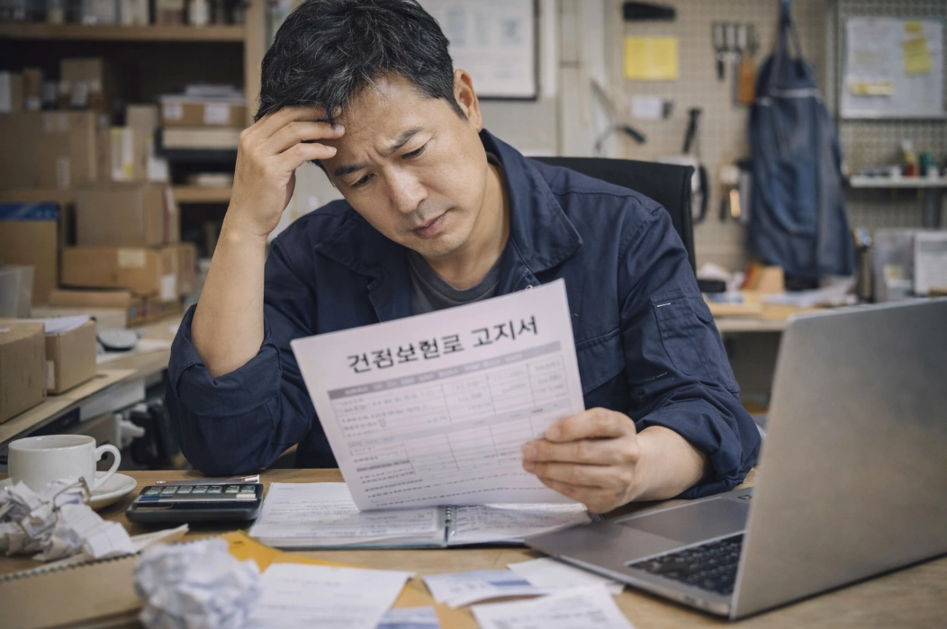 사무실에서 건강보험료 고지서를 보며 고민하는 40~50대 한국 남성 개인사업자 모습