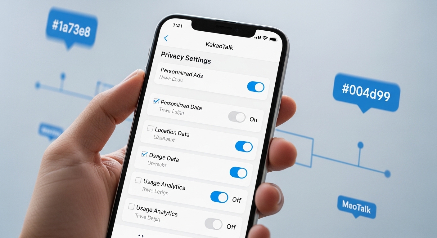 카카오톡 개인정보 설정 화면이 보이는 스마트폰을 잡고 있는 손. 파란색과 회색 톤으로 정보 보호의 중요성을 강조합니다.