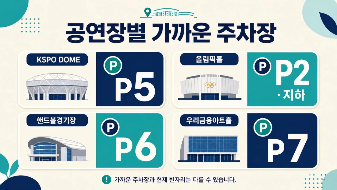 올림픽공원 공연장별 가까운 주차장 비교, KSPO DOME P5&middot;올림픽홀 P2&middot;핸드볼경기장 P6&middot;우리금융아트홀 P7