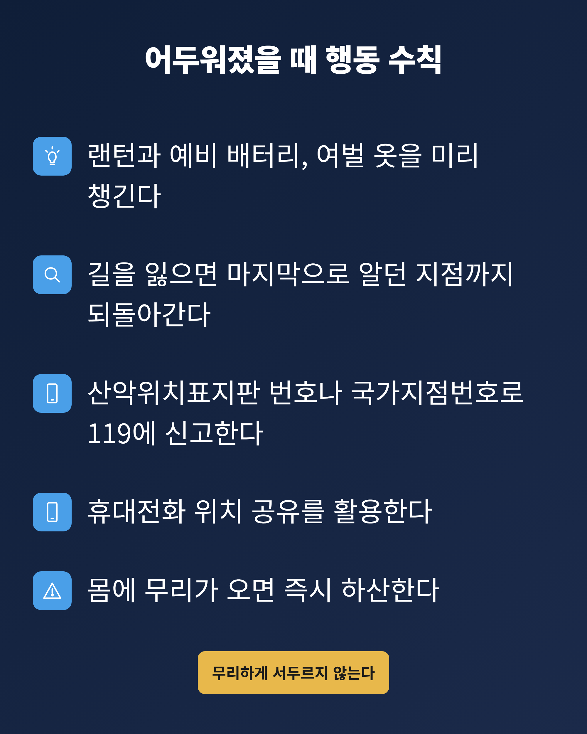 산에서 어두워졌을 때 랜턴 준비부터 119 신고까지 따라야 할 행동 다섯 가지를 정리한 체크리스트