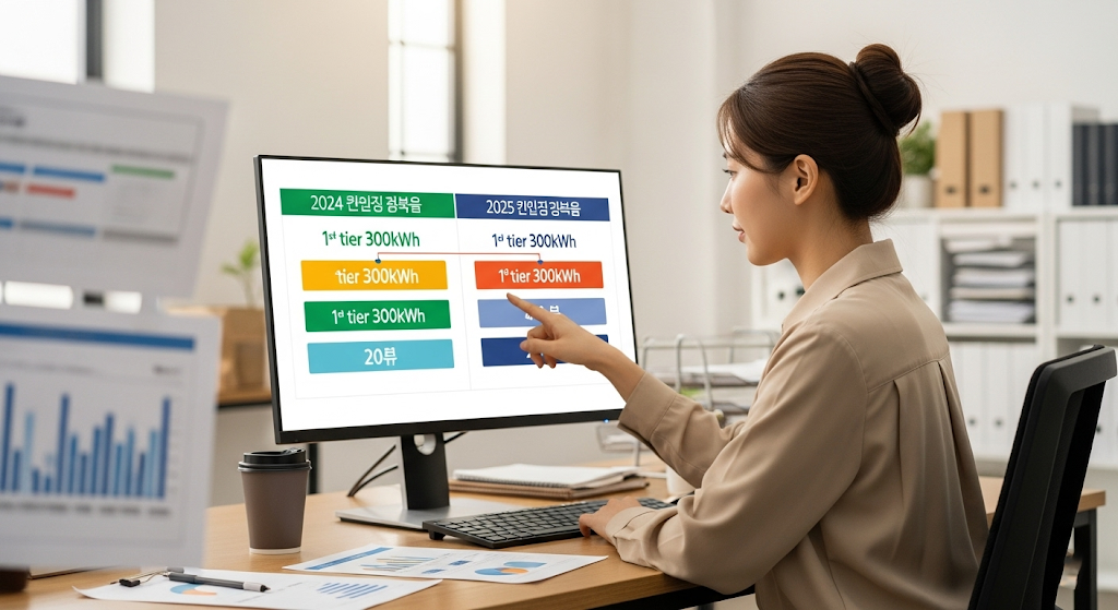 누진제 요금표를 보며 1단계 300kWh 구간에 안도하는 한국 직장인
