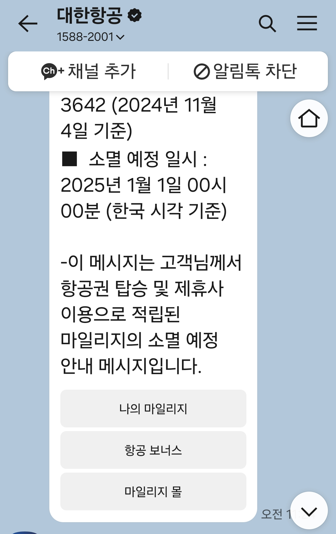 마일리지 몰로 연결되는 대한항공 카톡 메시지