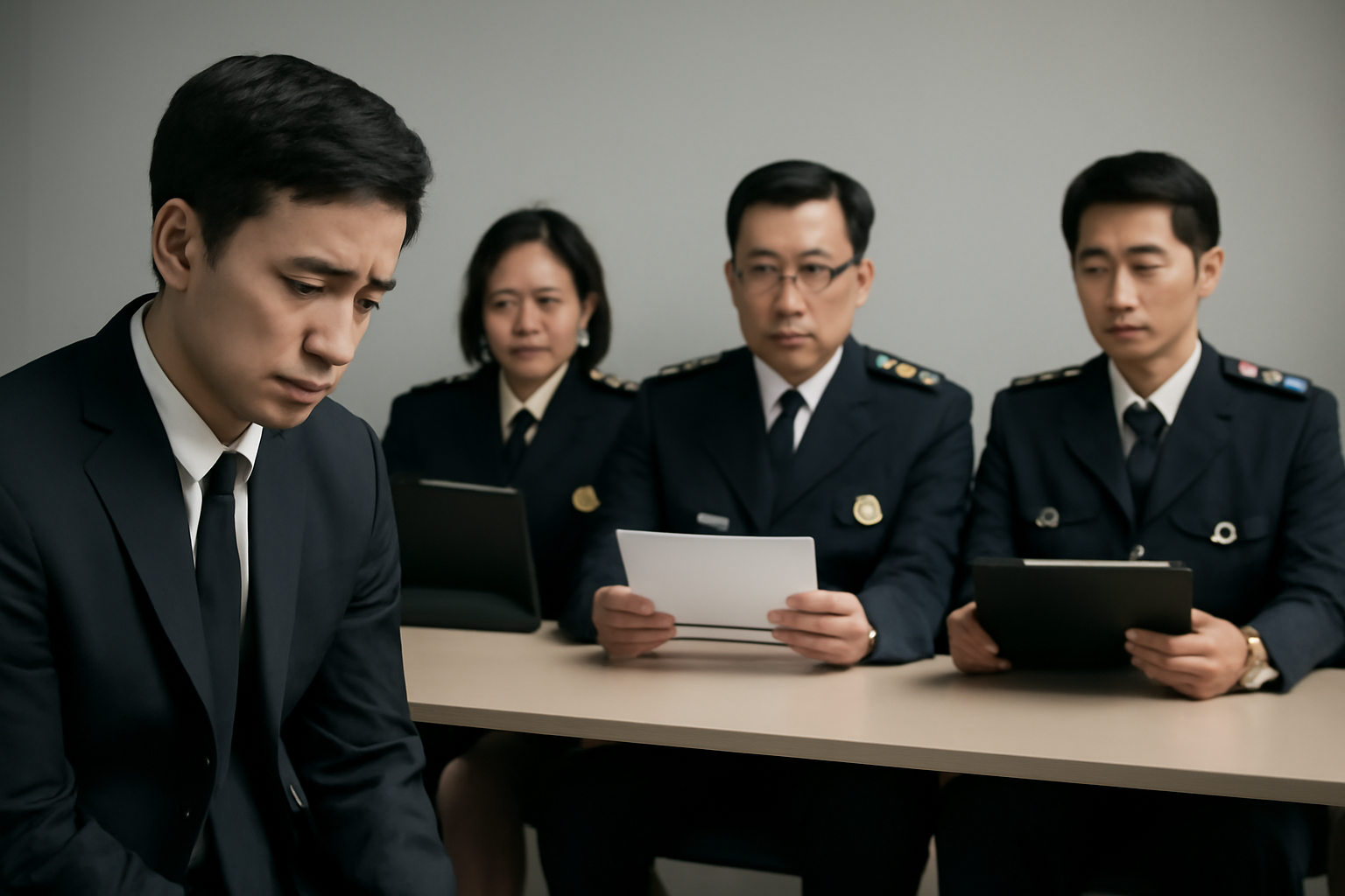 소방공무원-면접-긴장한-지원자-구부정한-자세-면접관-엄격한-표정