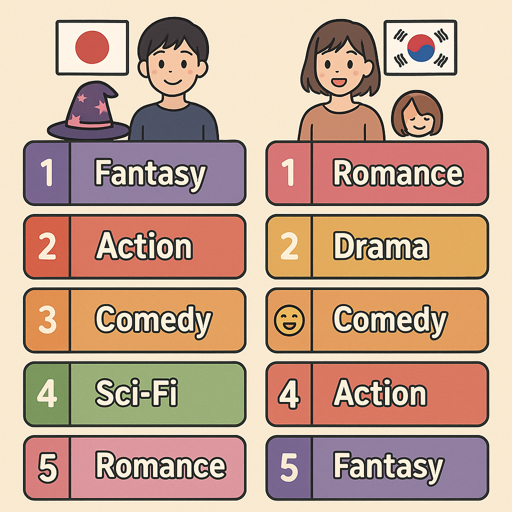 한일 애니 선호 장르 TOP5 비교 (랭킹, 취향, 장르) 관련 그림