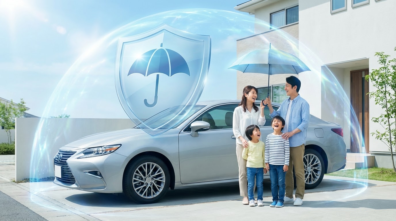 自動車保険で守られる幸せな日本人家族と車、保険の傘、安全運転
