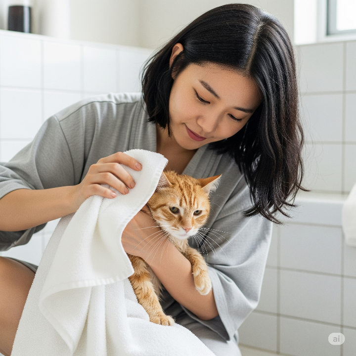 목욕 후 수건으로 고양이 물기를 닦고 있는 여성