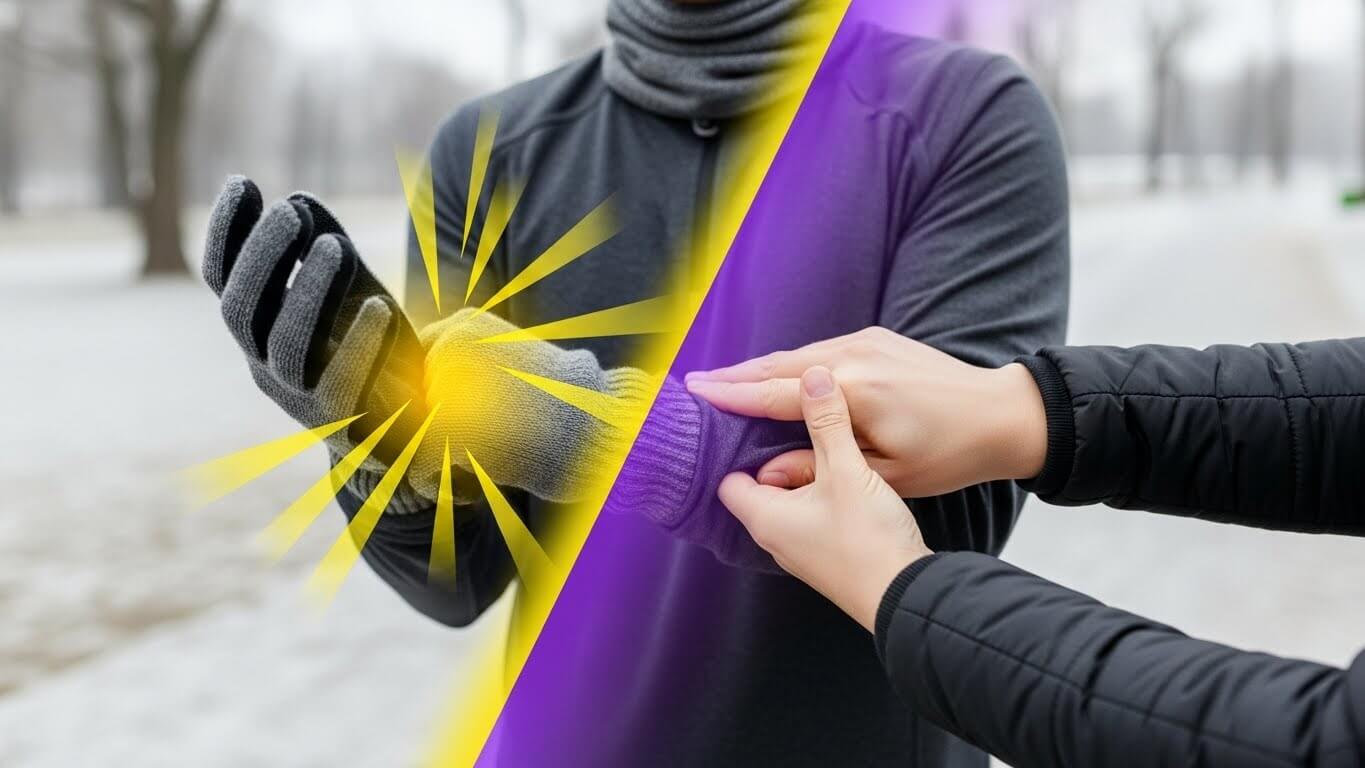 겨울철장값을끼고 운동중에 손끝에 찌릿한 느낌이 나는듯한 삽화