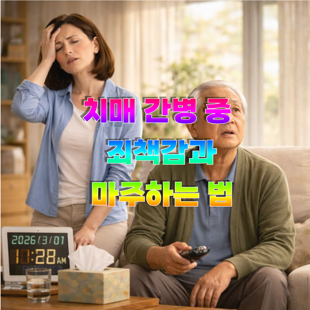 치매 간병으로 지친 보호자가 한숨을 쉬고, 환자는 멍하니 앞을 바라보는 모습