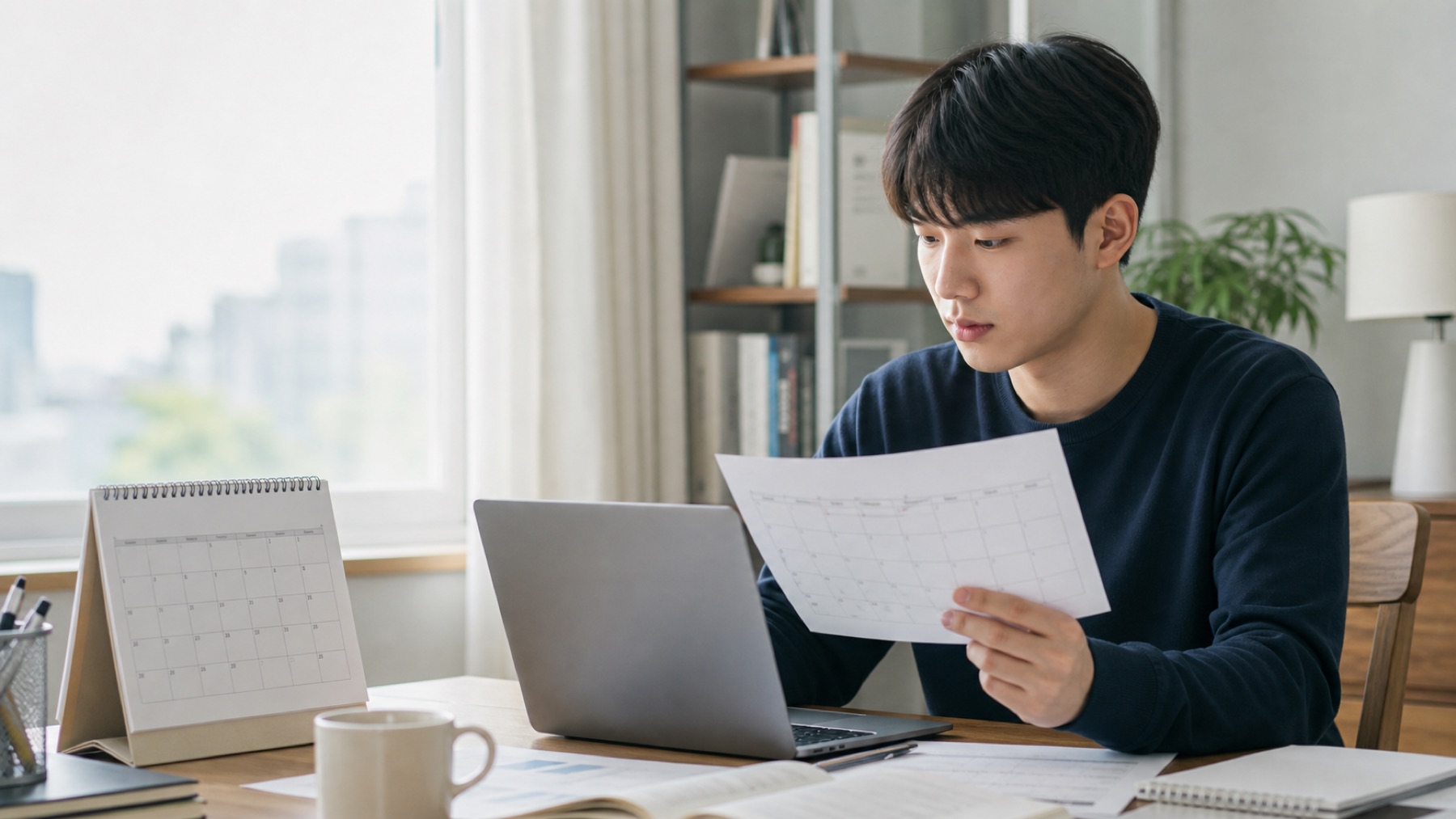 달력과 안내문을 보며 병역 관련 일정을 확인하는 청년