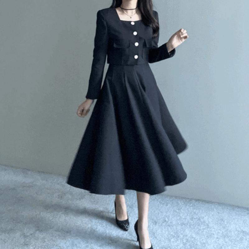 단품 세트 슈니첼 트위드 투피스 스퀘어넥 크롭자켓 플리츠 플레어 a라인 주름 롱 스커트 셋업 봄 가을 겨울 세트