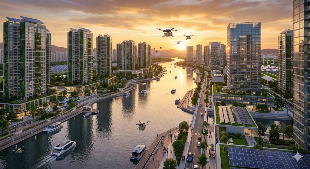 2026년 부산 에코델타시티의 미래지향적인 항공 뷰, 낙동강변의 스마트시티 아파트 단지와 자율주행 모빌리티 전경
