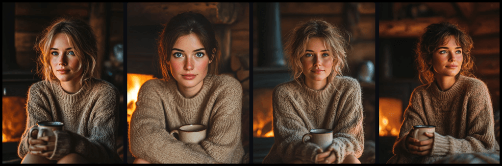 구조화된 감성 프롬프트 예시, cozy 조명과 질감이 조화된 인물 초상 이미지_Midjourney