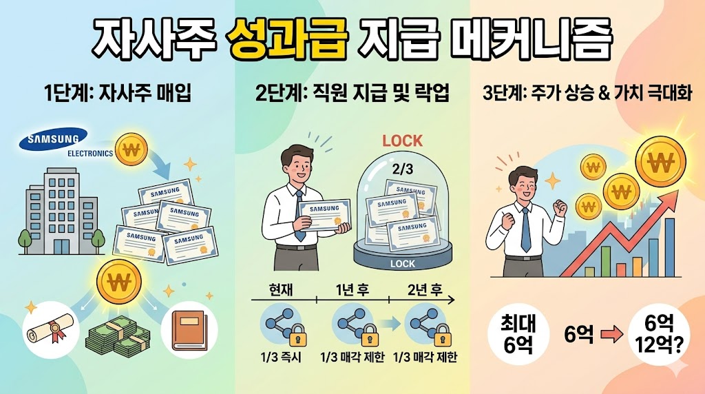 삼성전자 자사주 성과급 지급 메커니즘 인포그래픽. 삼성전자가 자사주를 매입하여 직원에게 지급하고, 3년에 걸쳐 분할 매각 제한(락업)이 걸리는 과정, 그리고 주가 상승 시 가치 극대화 결과를 보여줌