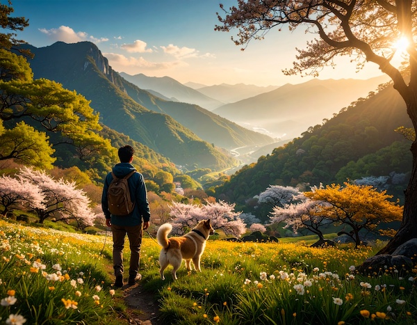 아침 햇살 속 반려견과 산책하는 풍경