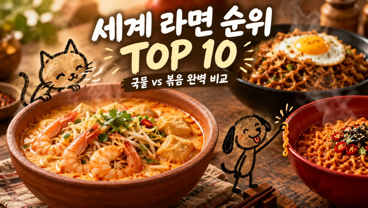 세계 라면 순위 상위권을 차지한 각국 대표 국물 라면과 볶음 라면이 나무 식탁 위에 정갈하게 차려진 모습