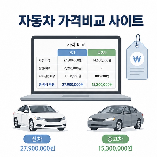 신차와 중고차, 가격표가 표시된 노트북을 배치하고 ‘자동차 가격비교 사이트’라는 제목을 표시한 대표 이미지