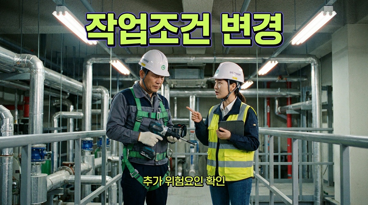 건설현장에서 작업방법 변경과 신규 장비 투입에 따라 위험성평가를 실시하는 모습