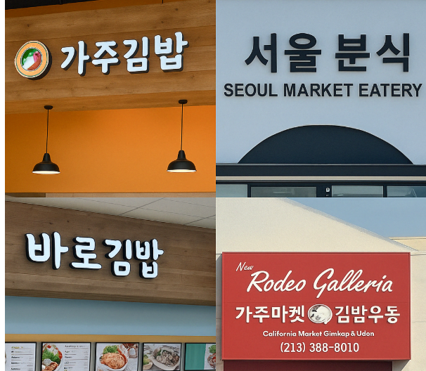 LA 한인타운의 대표 김밥집 간판들을 모아 구성한 콜라주 이미지입니다. 가주김밥, 바로김밥, 서울마켓 분식, 로데오 갤러리아 가주김밥
