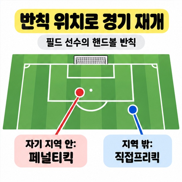 자기 페널티지역 안과 밖의 반칙 지점을 페널티킥과 직접프리킥에 연결한 축구장 도식