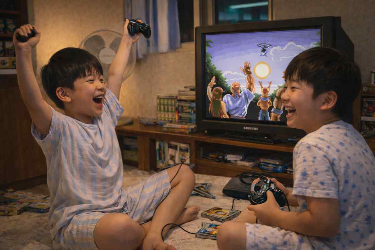 브라운관 텔레비전 앞에서 두 형제가 게임 컨트롤러를 들고 베어너클2 엔딩 화면을 보며 기뻐하는 모습