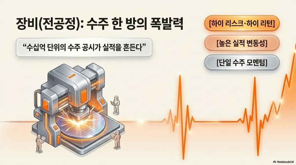 &amp;#39;반도체 소부장 대장주: 장비(전공정): 수주 한 방의 폭발력&amp;#39;을 주제로&amp;#44; 수십억 단위 수주 공시가 실적을 흔드는 반도체 장비주의 특성을 심전도 그래프로 표현한 이미지. 하이 리스크&middot;하이 리턴&amp;#44; 높은 실적 변동성&amp;#44; 단일 수주 모멘텀이라는 전공정 장비 관련주의 투자 포인트를 전달함.