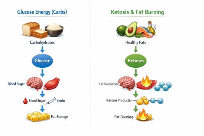 탄수화물 대신 지방을 에너지로 사용하는 케토시스 대사 과정 설명 인포그래픽
