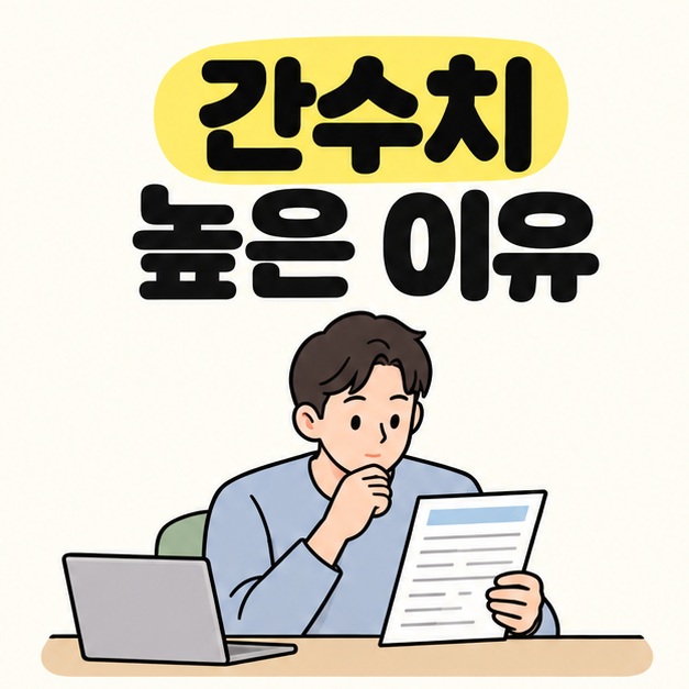 간수치 높은 이유 제목 아래 노트북이 놓인 책상에서 성인이 건강검진 결과지를 읽는 모습