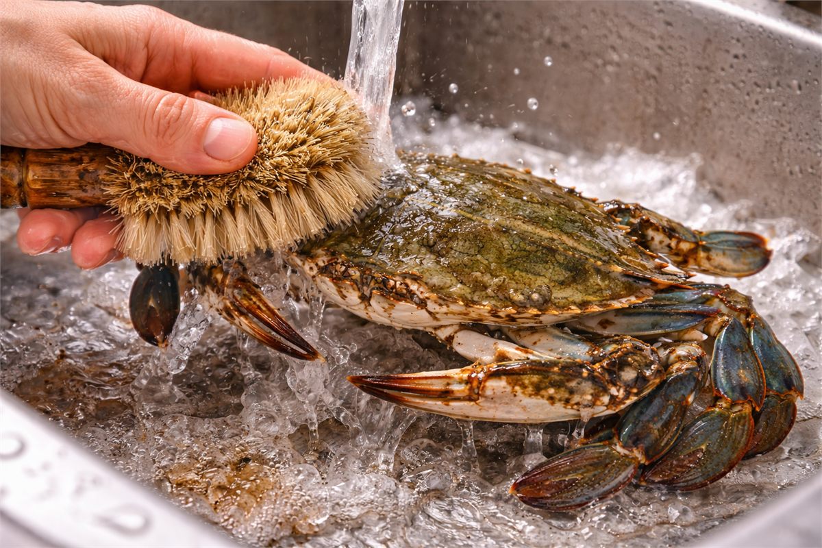 흐르는 물에서 솔로 꽃게를 깨끗하게 씻는 손질 장면 