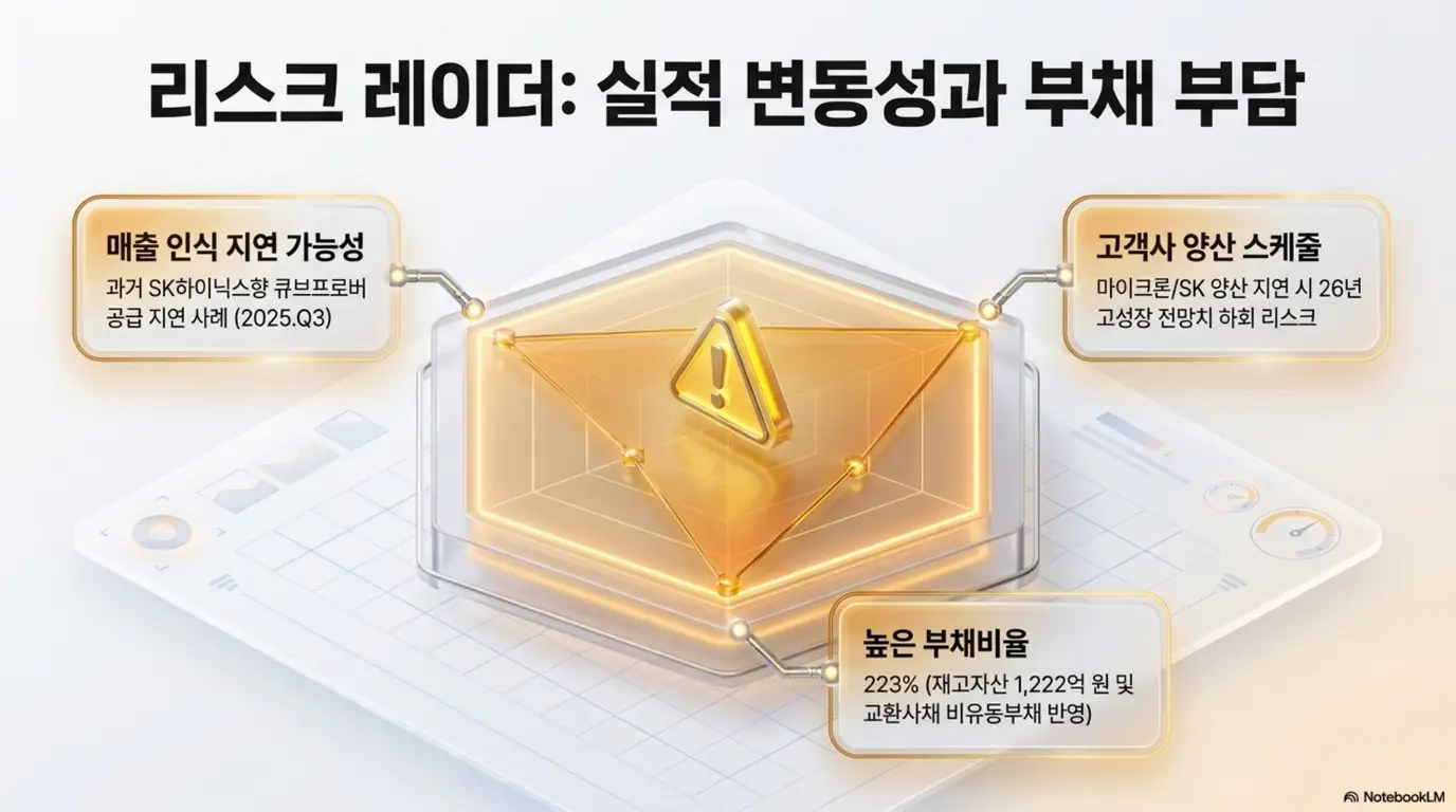 테크윙 주가 전망: 테크윙의 핵심 리스크를 정리한 이미지. 큐브프로버 매출 인식 지연 가능성&amp;#44; 마이크론&middot;SK하이닉스 양산 스케줄 지연 리스크&amp;#44; 부채비율 223%(재고자산&middot;교환사채 반영)를 시각적으로 전달하며&amp;#44; 테크윙 종목 분석의 리스크 주제를 설명함