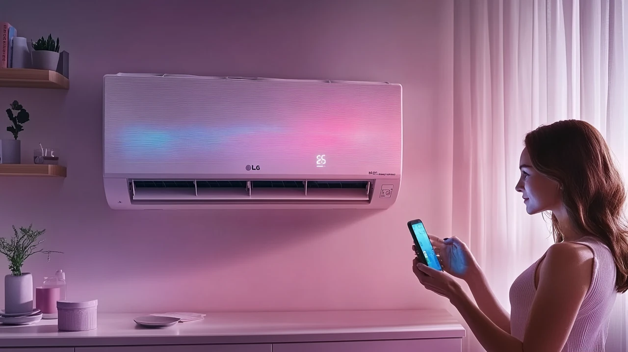 스마트폰 앱을 통해 LG 무풍 에어컨을 원격으로 조작하는 장면. 가정 내 편리함과 기술적 통합을 강조하며, 사용자의 편의성을 극대화합니다.