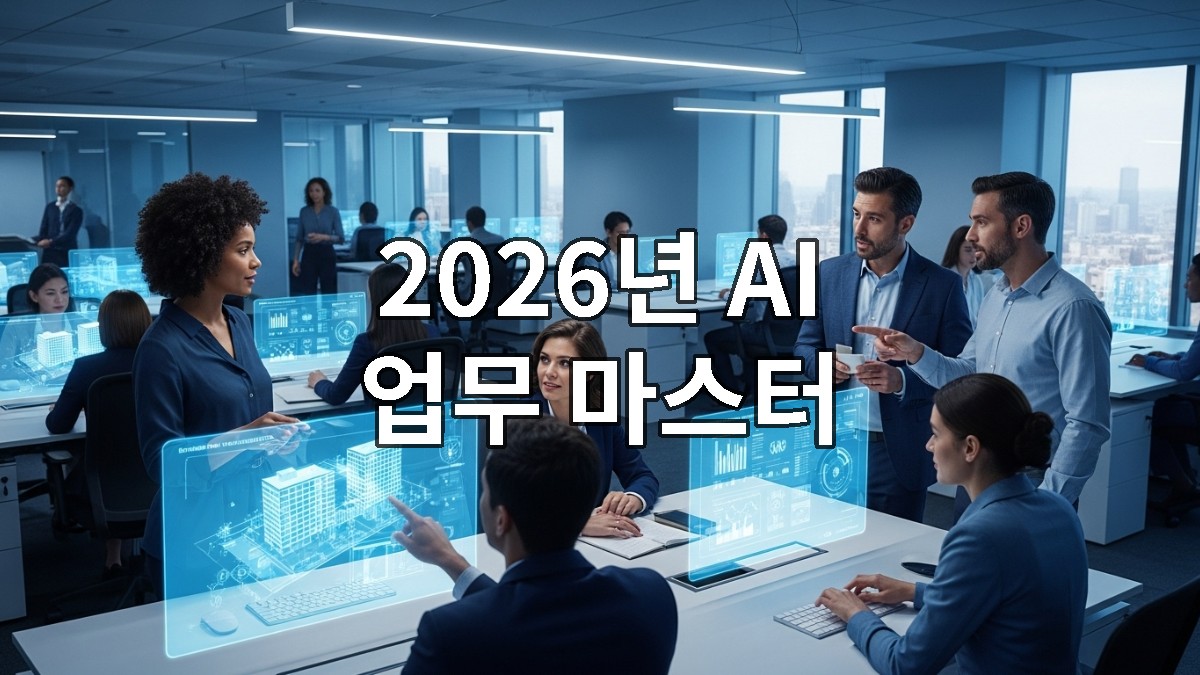 2026년 미래 업무 환경에서 다양한 직장인들이 AI 도구의 도움을 받아 높은 생산성으로 협업하는 모습