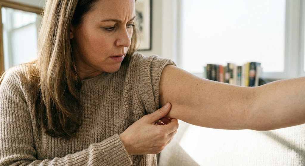 40대 여성 팔뚝살 만지는 사진