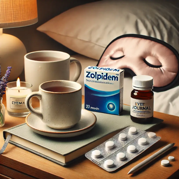 졸피뎀 약물, 수면일지, 아로마캔들 등이 배치된 수면 보조 스튜디오컷