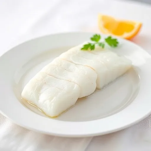 하얀 접시에 담긴 찜으로 조리된 대구 또는 동태살 한 토막이 부드럽게 익어 있습니다. 기름기가 없는 깔끔한 조리법을 시각적으로 표현합니다.