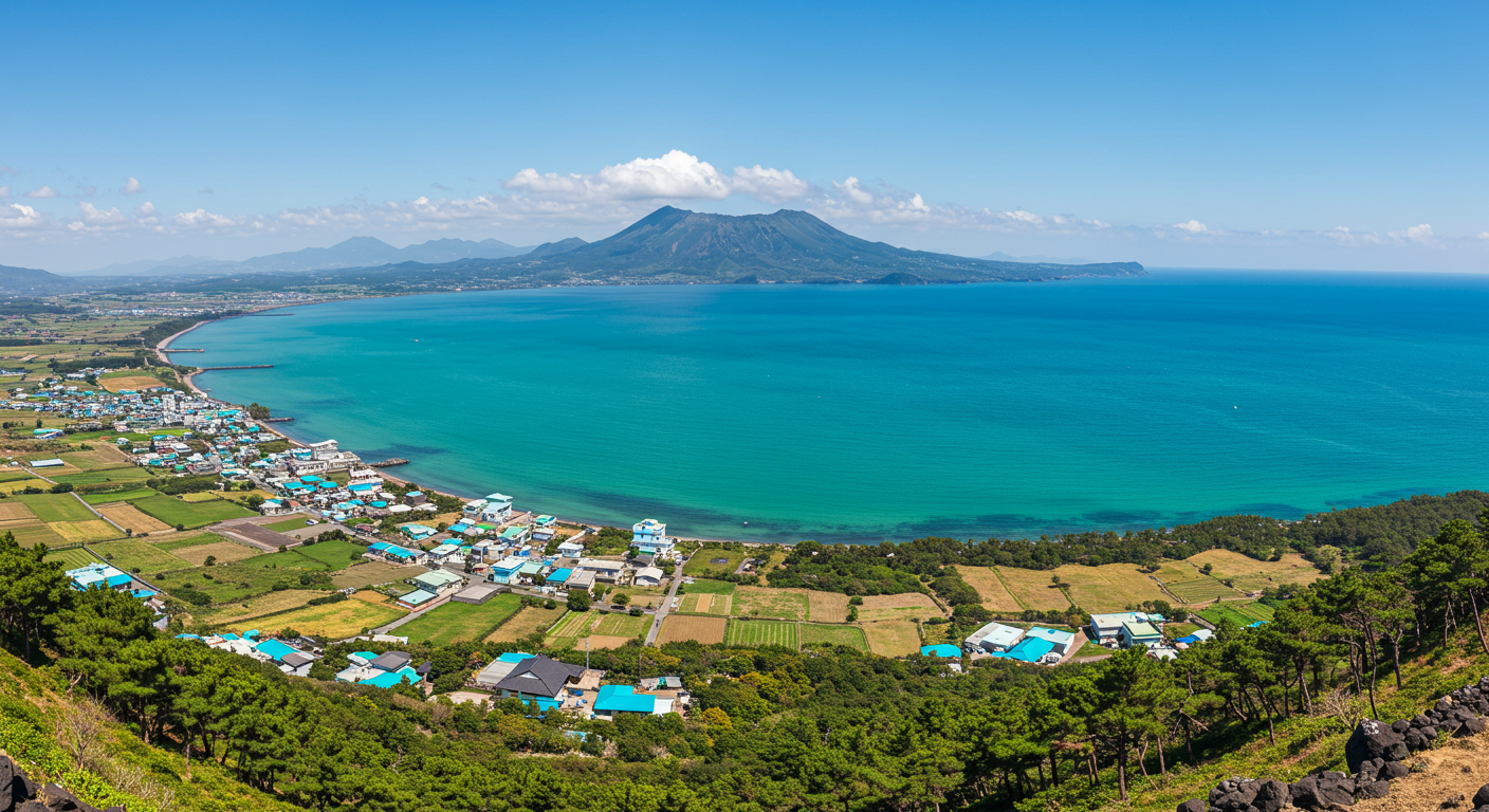 제주 오름 정상에서 바라본 에메랄드빛 바다, 마을, 한라산의 파노라마 풍경.