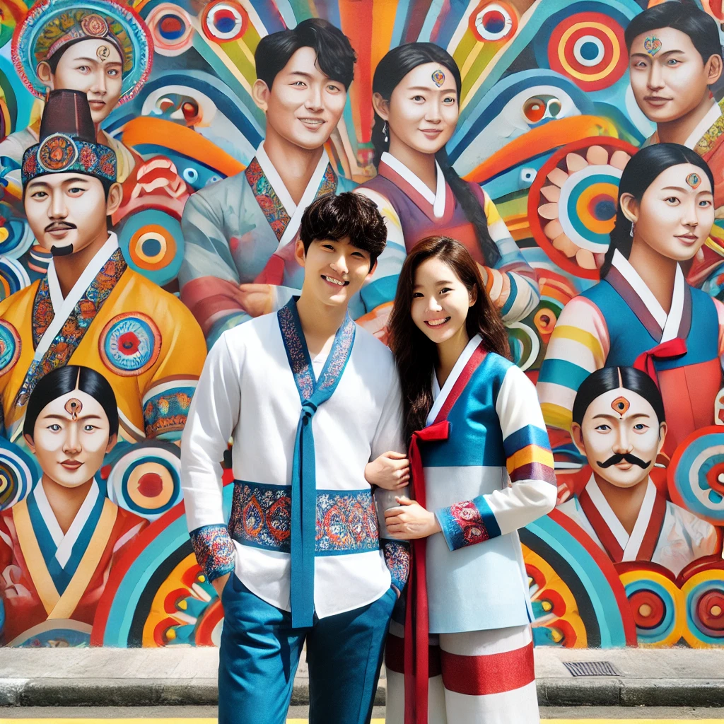 리틀인디아 벽화 앞에서 포즈 취하는 커플, 원색적인 배경과 어우러지는 코디