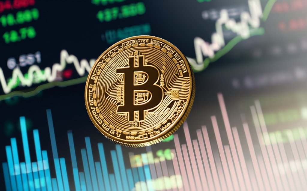 상승하는 비트코인 코인과 금융 차트, 성공적인 전략적 투자를 상징하는 장면, 매거진 에디토리얼 스타일